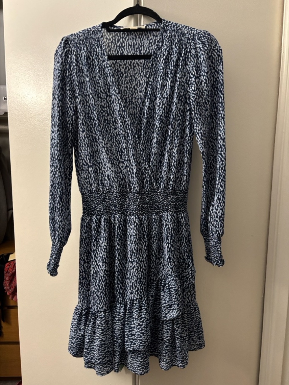 Michael Kors Blue Patterned Long-Sleeve Smocked Waist Dress